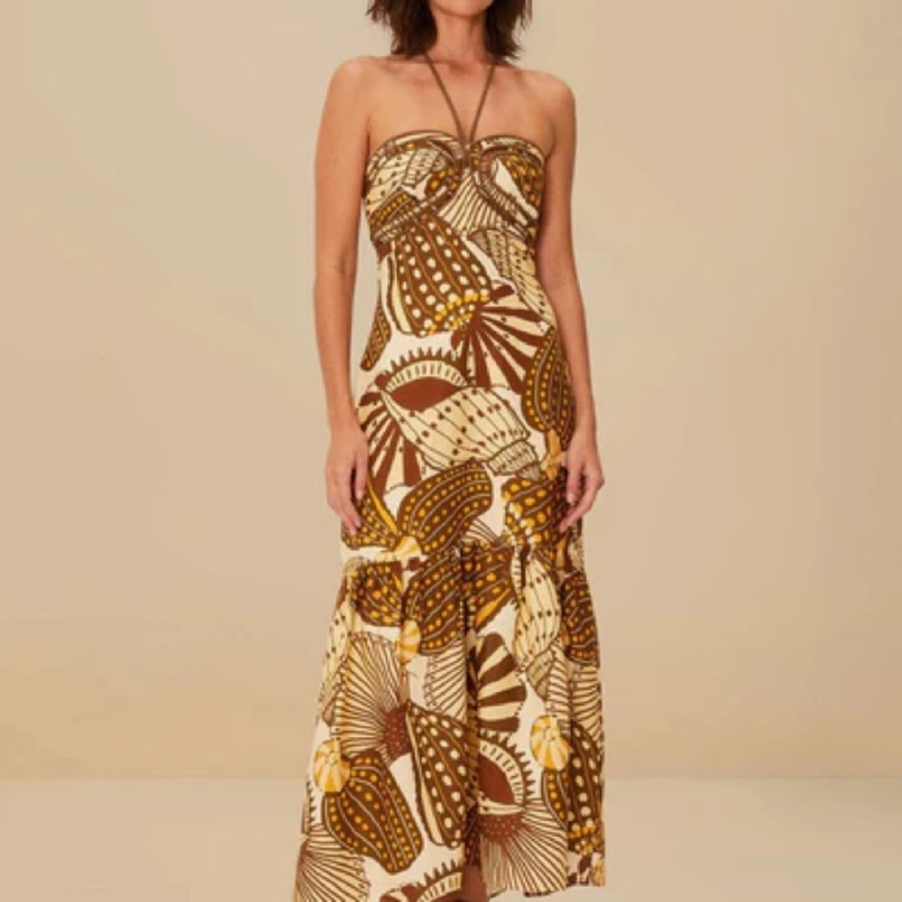 Farm Rio Strapless Brown & Cream Maxi Dress with Halter Tie NWT